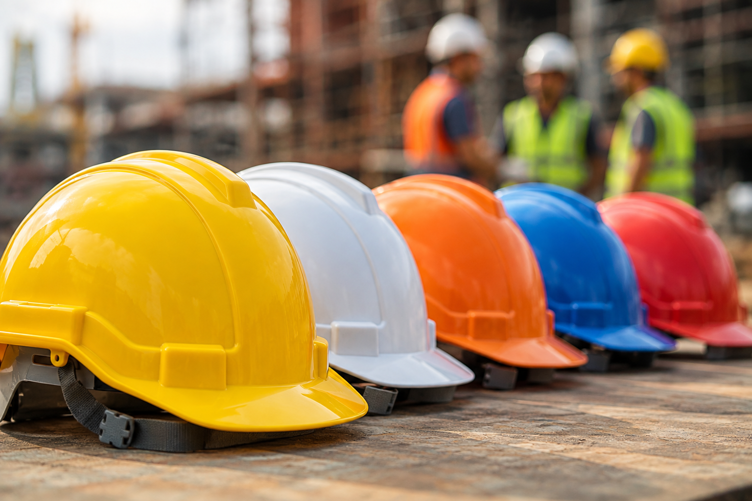 Industrial safety helmets in multiple colours for workplace head protection