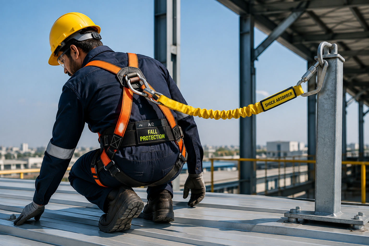 Worker wearing a fall protection harness while working at height