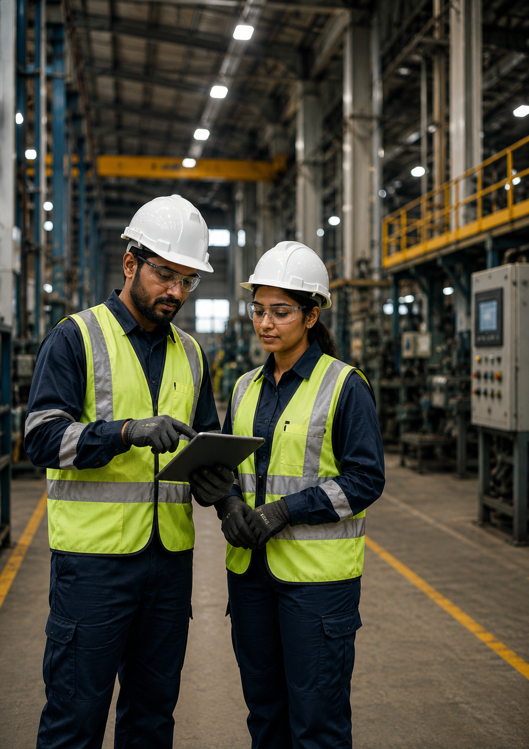 Industrial safety professionals reviewing workplace operations in a manufacturing facility