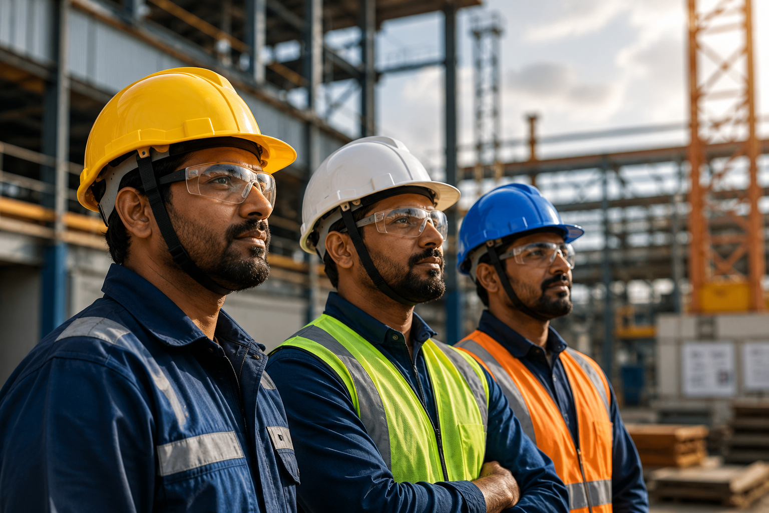 industrial workers wearing safety helmets