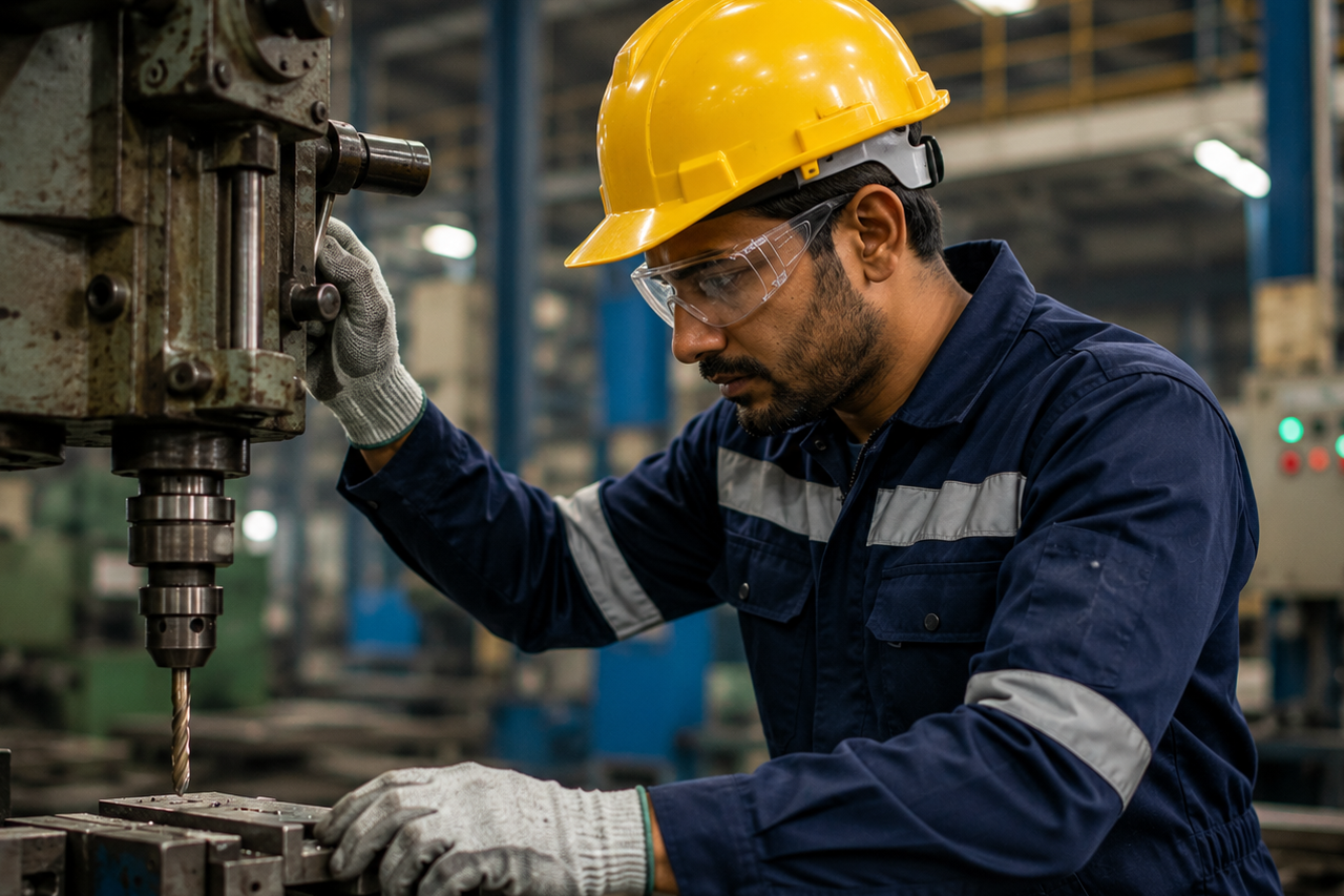 Worker wearing industrial protective clothing and safety equipment