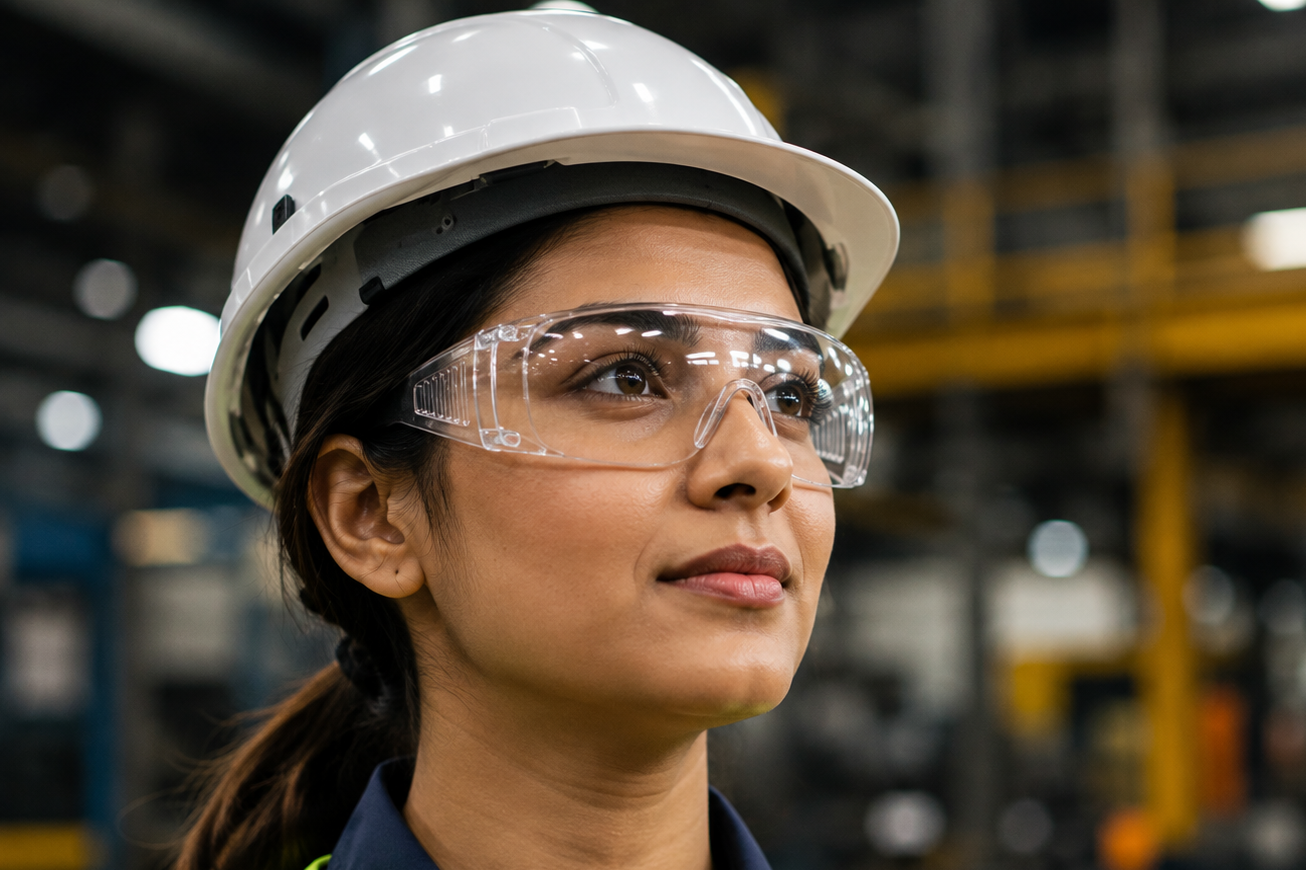 Industrial safety eyewear worn by a worker for eye protection