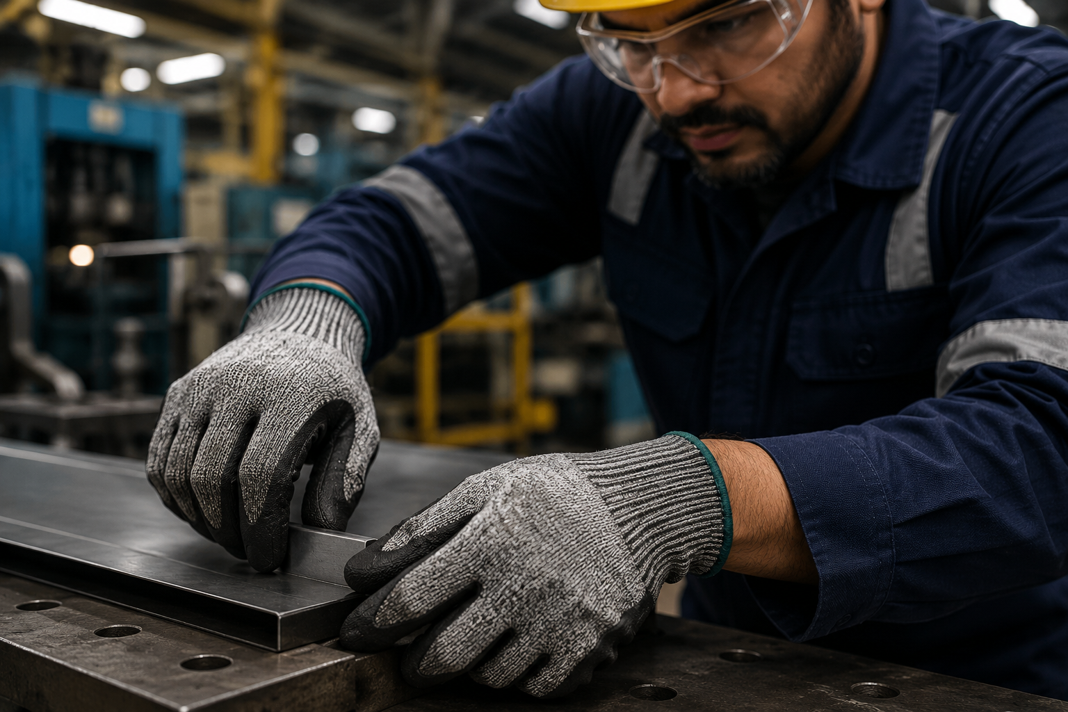 Industrial worker wearing protective safety gloves handling metal components in a factory