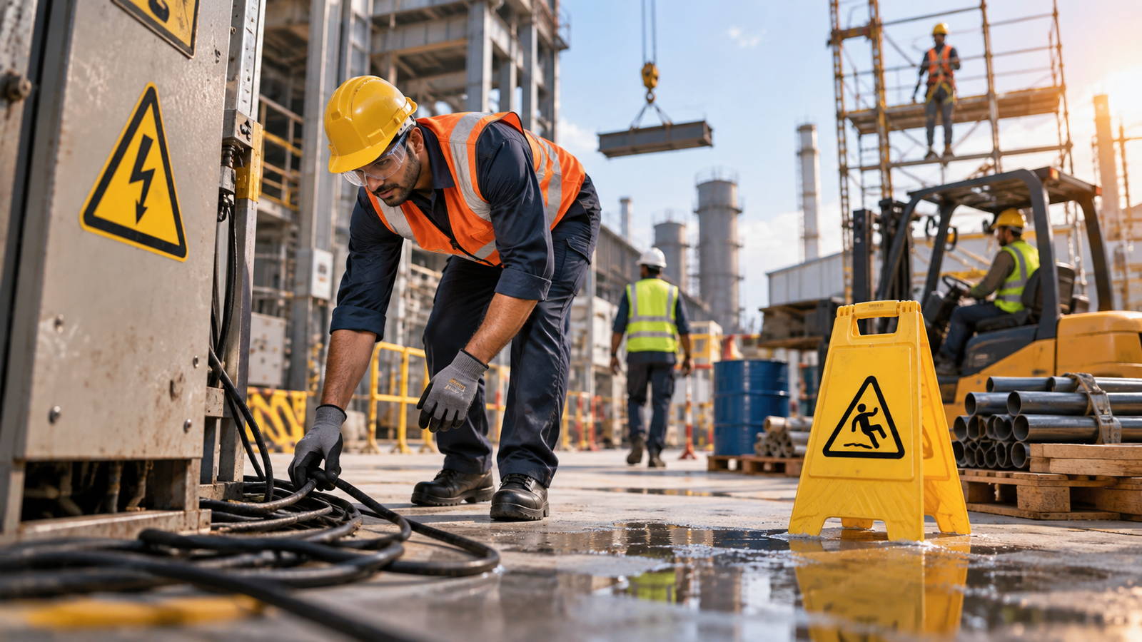 Workers facing common workplace safety hazards including electrical, slip and fall risks