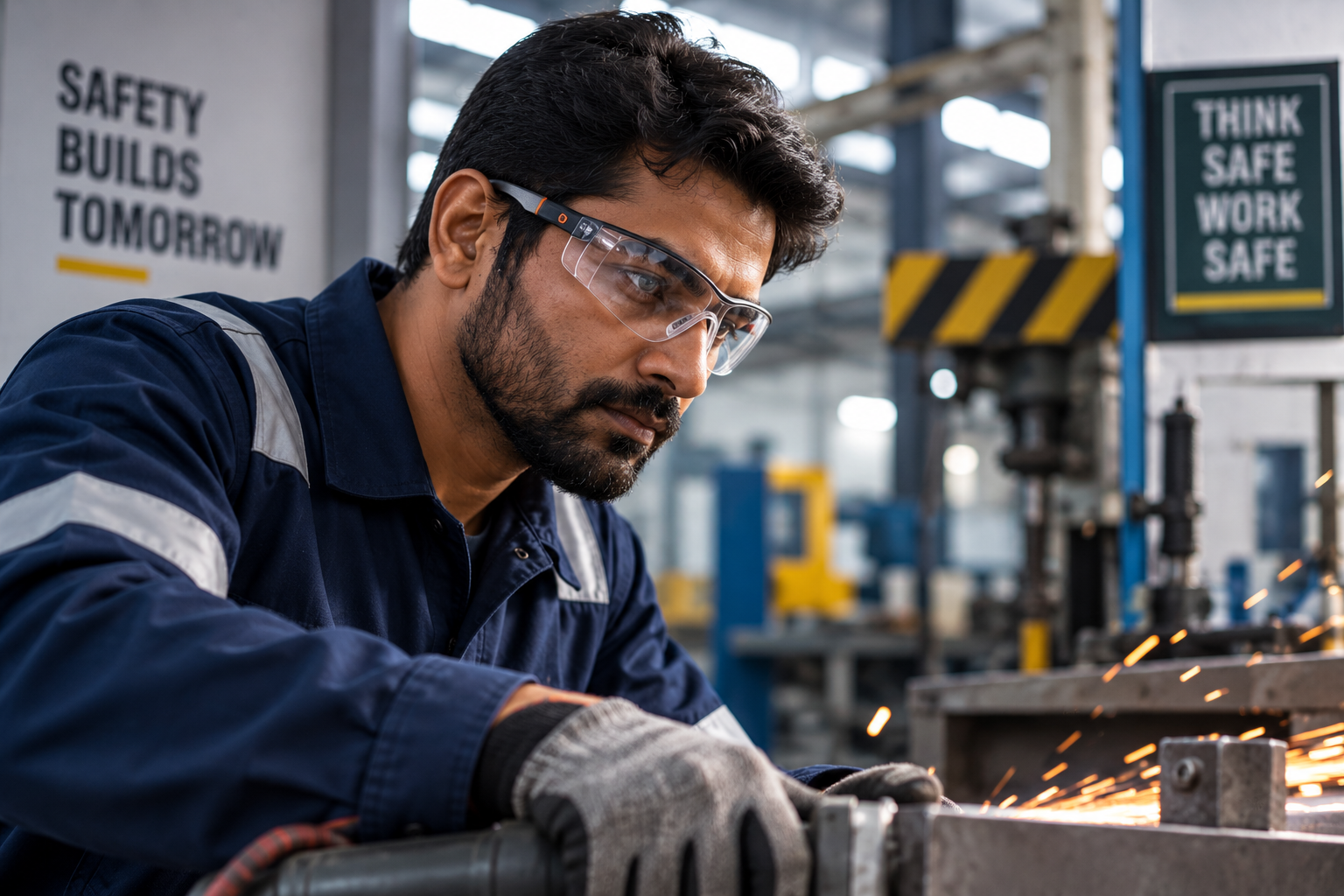 Industrial safety eyewear protecting a worker during metal grinding