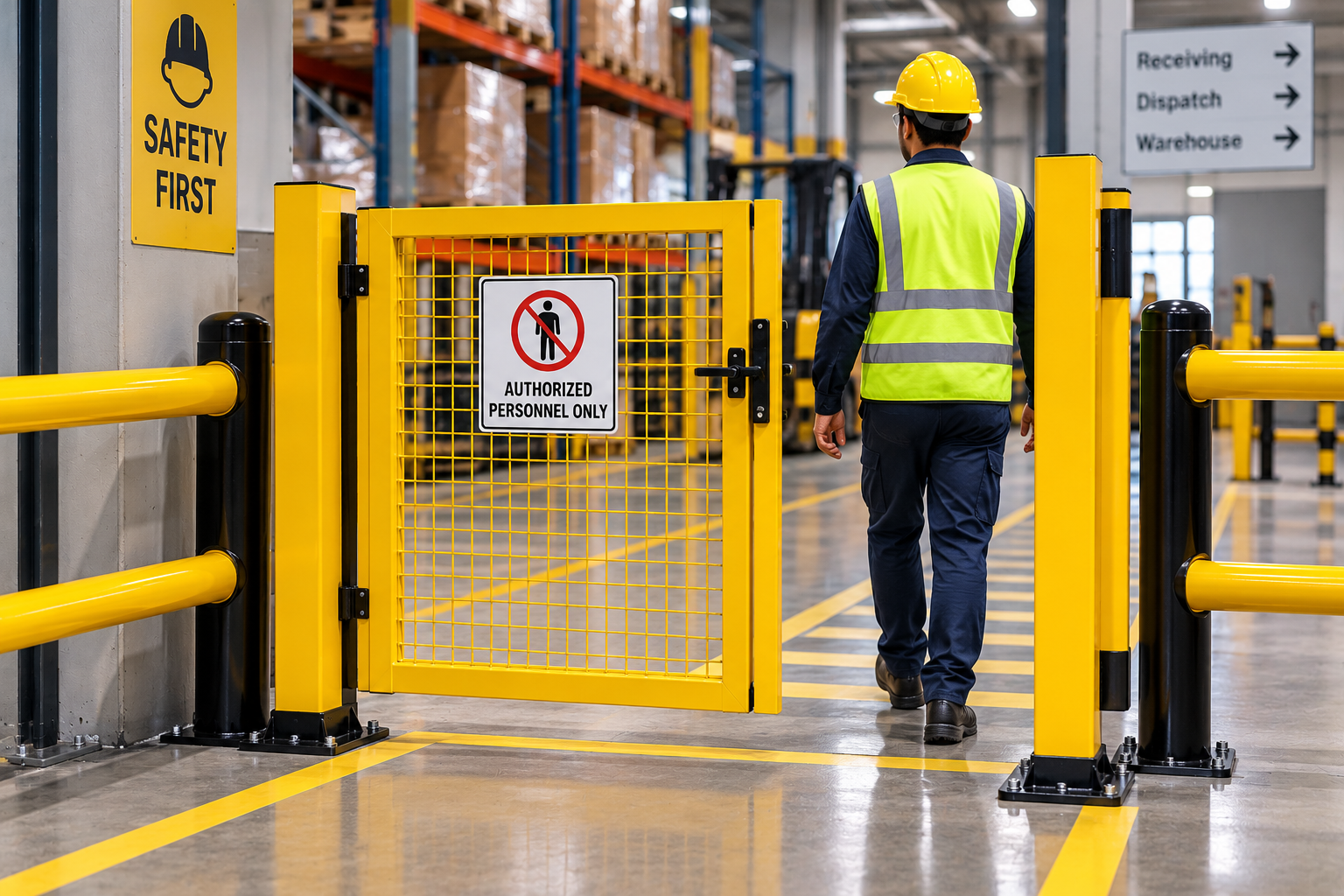 Industrial safety gate controlling access in a warehouse