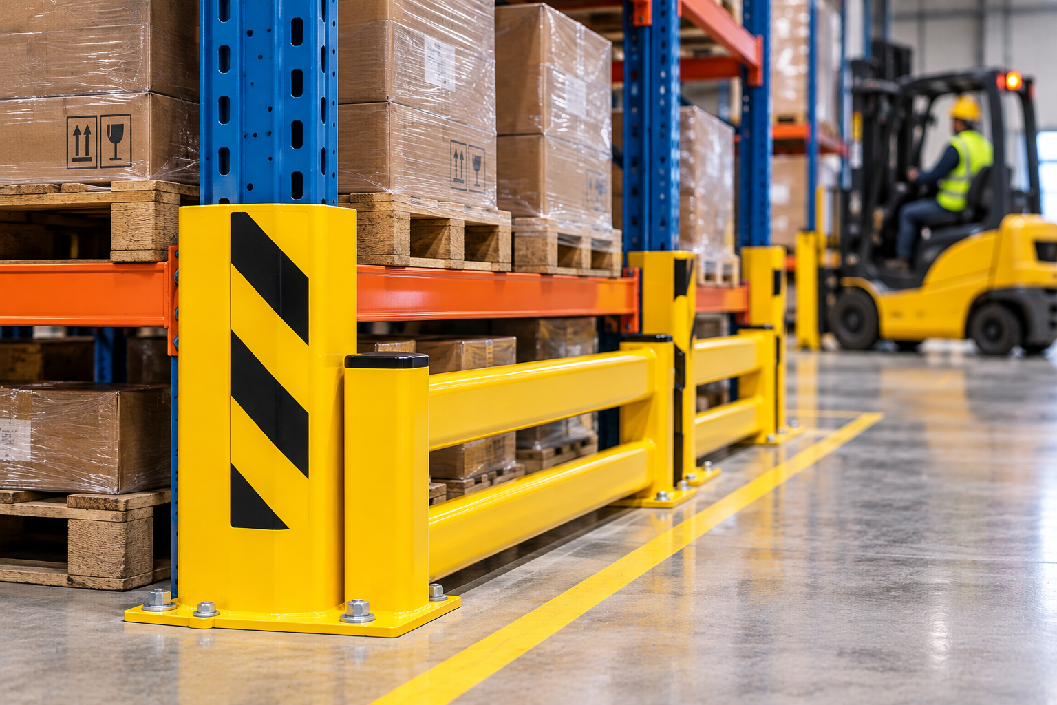 Industrial rack protection guards protecting warehouse racking from forklift impact