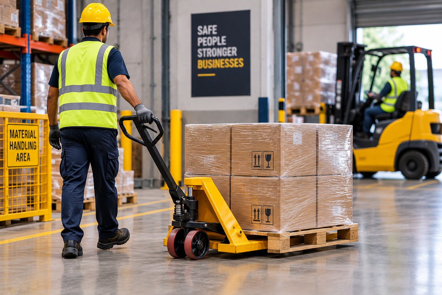 Safe material handling using pallet jacks and forklifts in a warehouse