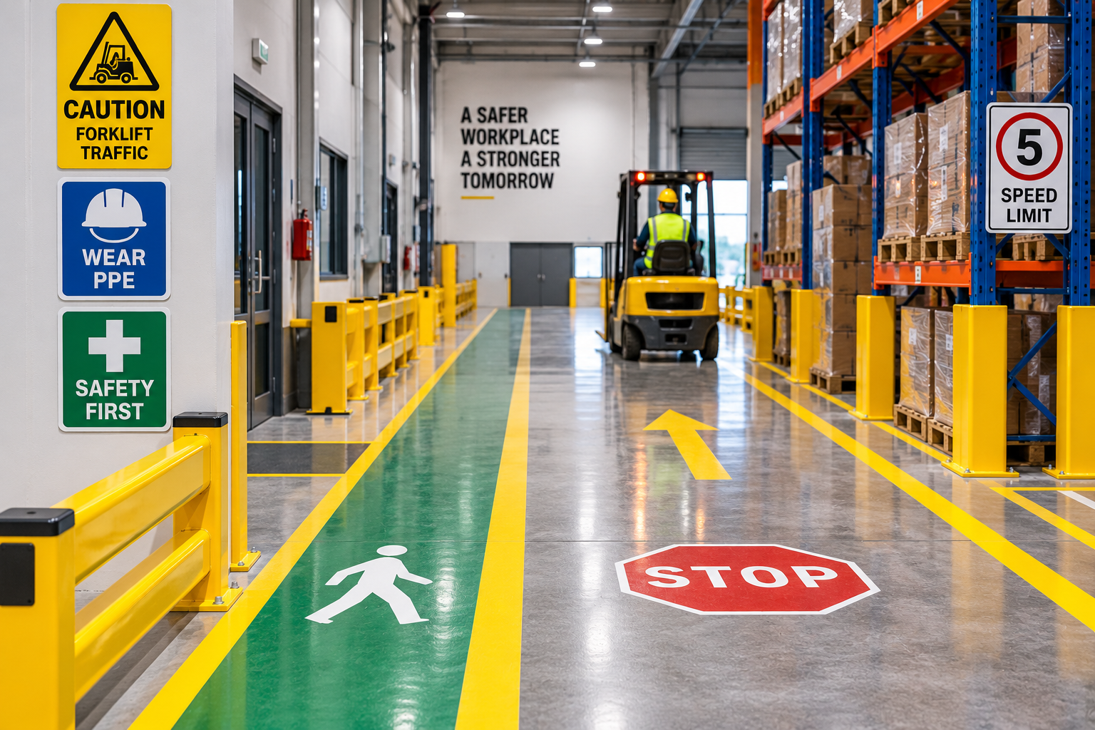 Industrial floor markings and safety signage in a warehouse