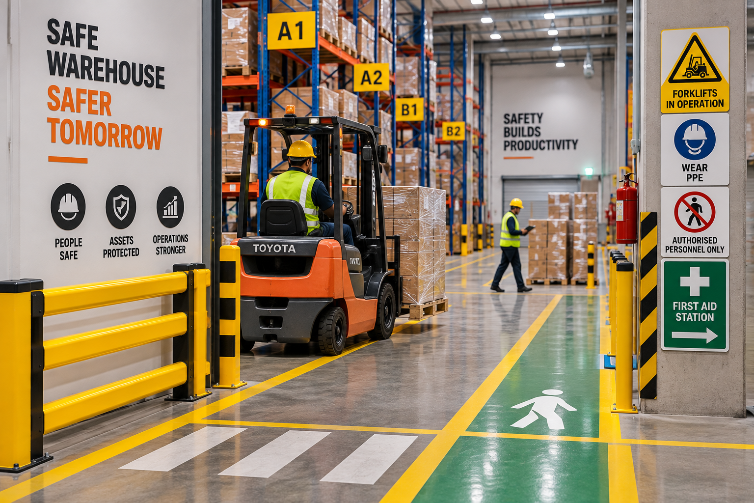 Warehouse safety solutions including barriers, floor markings and traffic management