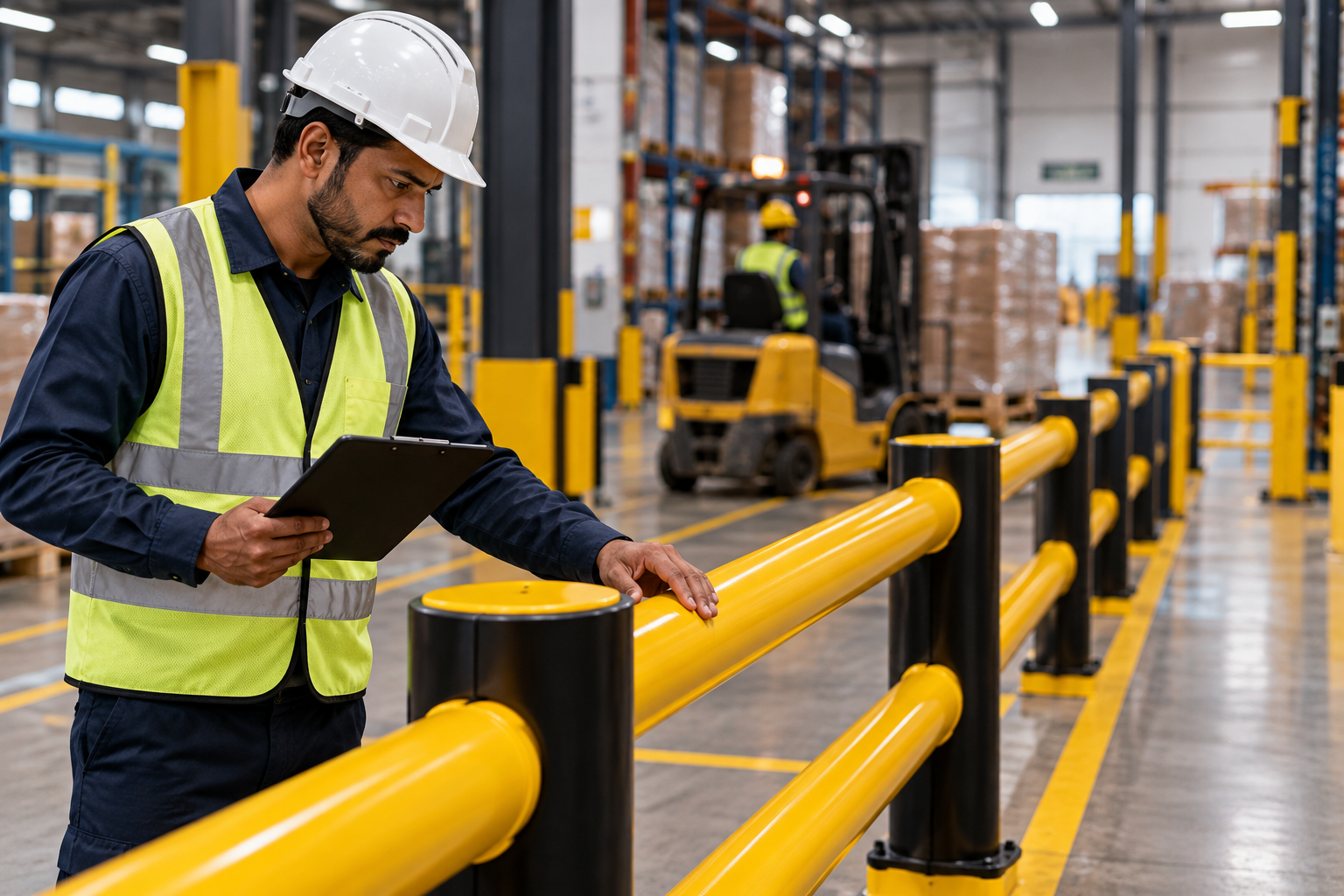 Industrial safety barriers protecting workers and warehouse operations