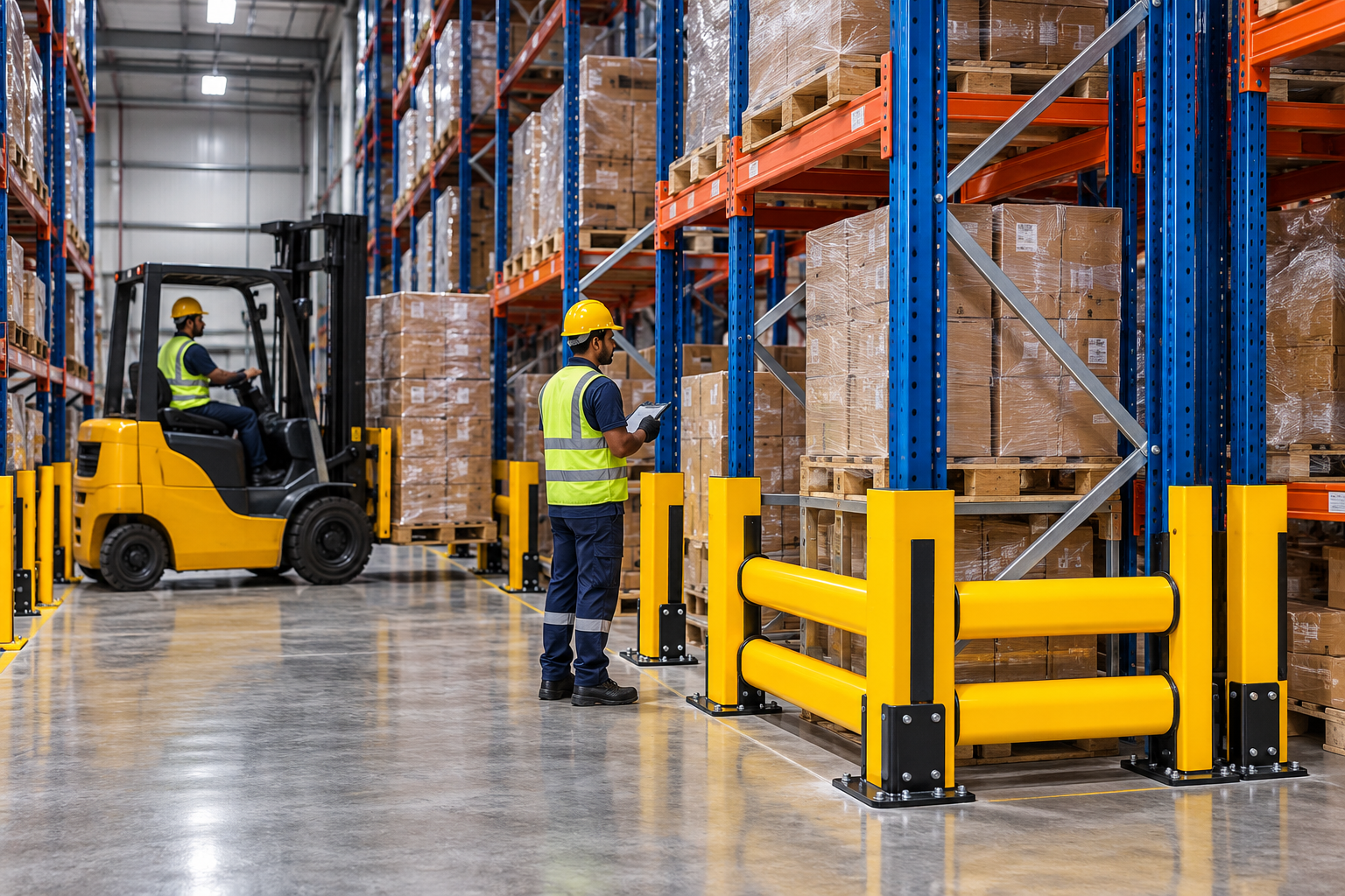 Industrial rack protection guarding warehouse racking from forklift impact