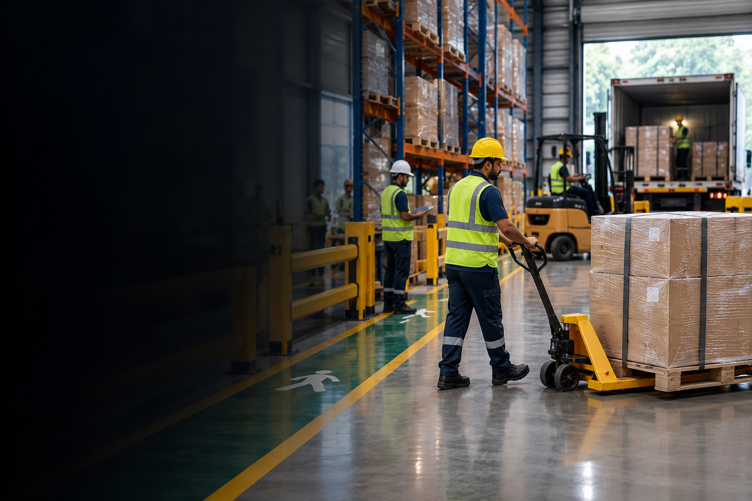 Material handling safety with pallet jack and forklift in a warehouse