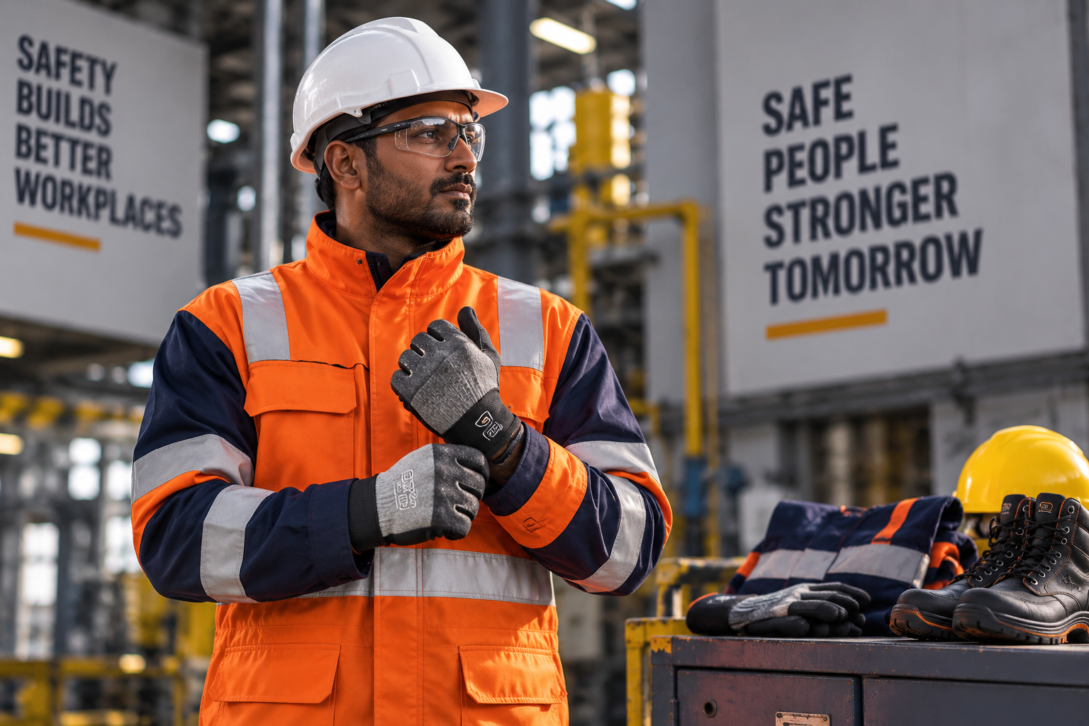 Industrial protective clothing worn by a worker in a manufacturing facility