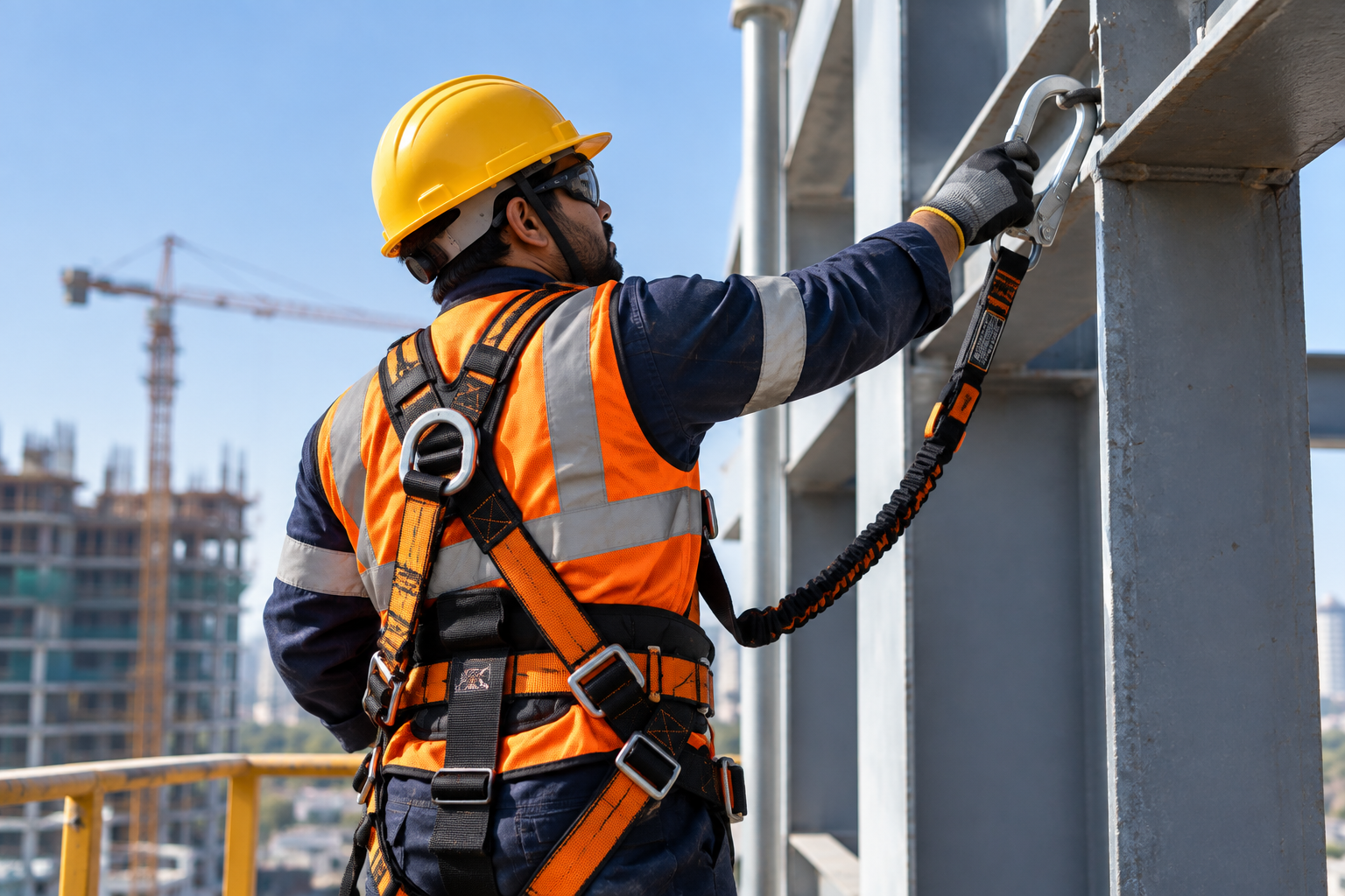 Industrial worker wearing a fall protection harness while working at height