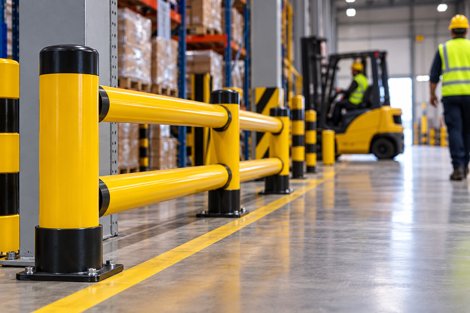 Industrial safety barriers protecting workers and warehouse equipment