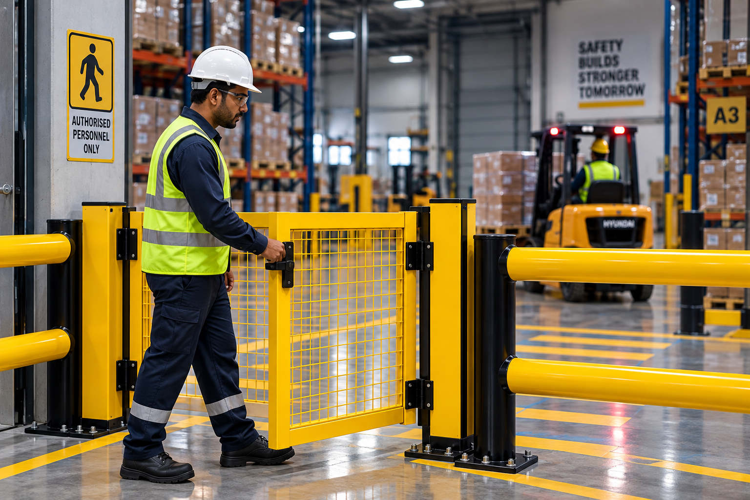 Industrial safety gate controlling access in a warehouse