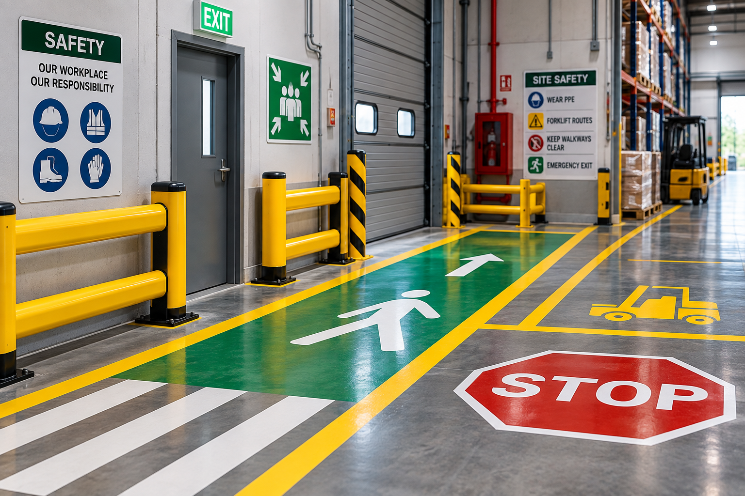 Industrial floor marking and safety signage in a warehouse facility