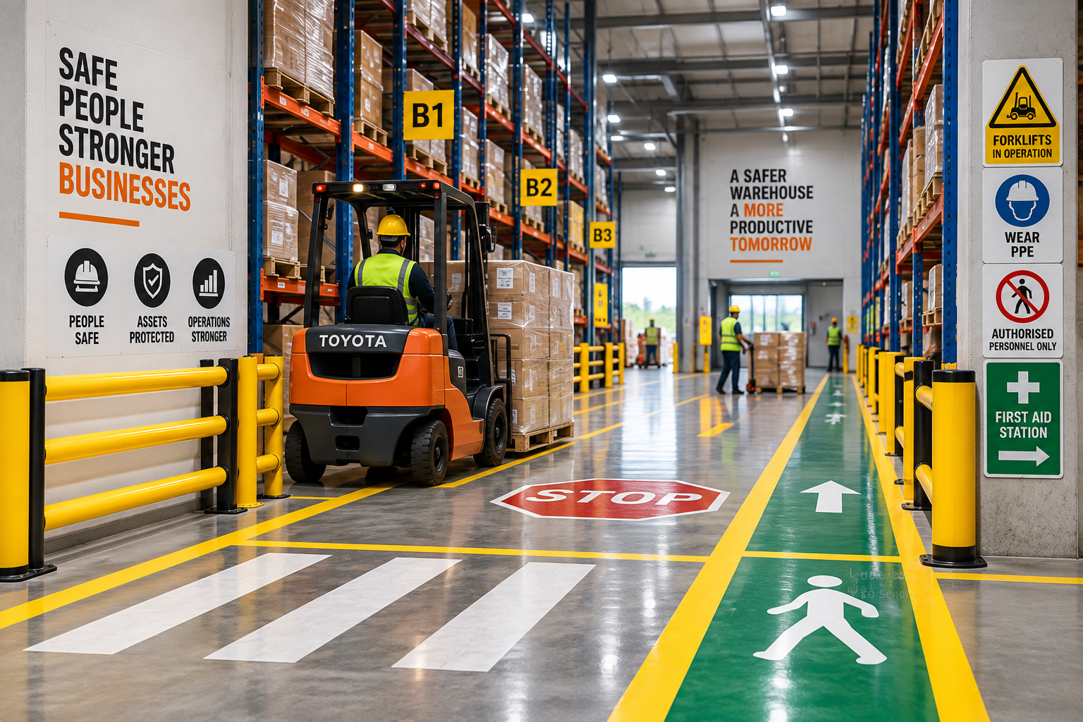 Warehouse safety solutions with forklift traffic, pedestrian walkway and safety barriers