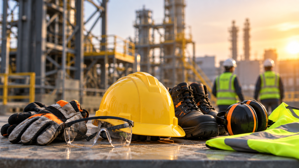 Personal protective equipment including hard hat, safety gloves, goggles and safety boots